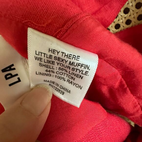 LPA Puff Sleeve Linen Blend Crop Top Self Tie Bow Bold Red Size S - Picture 6 of 9